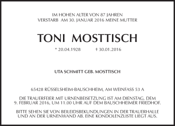 Traueranzeige von Toni Mosttisch von  Mainspitze