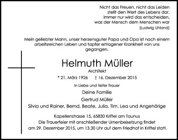 Traueranzeige von Helmuth Müller von  Hofheimer Zeitung