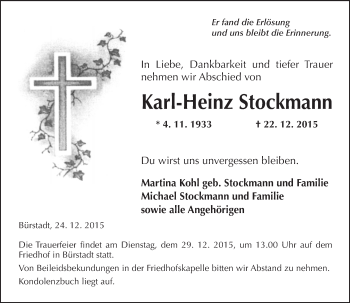 Traueranzeige von Karl-Heinz Stockmann von  Bürstädter Zeitung