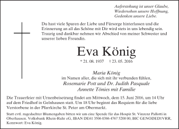 Traueranzeige von Eva König von  Gelnhäuser Tageblatt