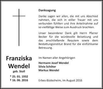 Traueranzeige von Franziska Wendel von Trauerportal Rhein Main Presse