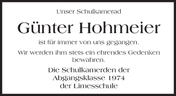 Traueranzeige von Günter Hohmeier von  Kreisanzeiger