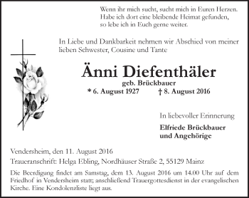 Traueranzeige von Anni Diefenthäler von Trauerportal Rhein Main Presse