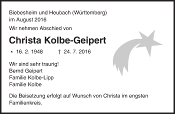 Traueranzeige von Christa Kolbe-Geipert von Trauerportal Echo Online
