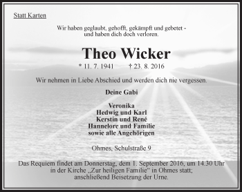Traueranzeige von Theo Wicker von VRM Trauer