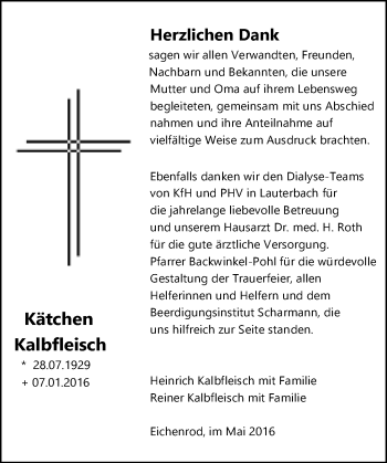 Traueranzeige von Kätchen Kalbfleisch von VRM Trauer