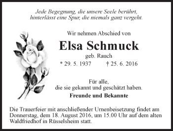 Traueranzeige von Elsa Schmuck von Trauerportal Rhein Main Presse
