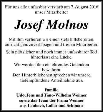 Traueranzeige von Josef Molnos von  Kreisanzeiger