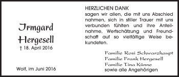 Traueranzeige von Irmgard Hergesell von  Kreisanzeiger