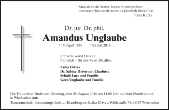 Traueranzeige von Amandus Unglaube von Trauerportal Rhein Main Presse