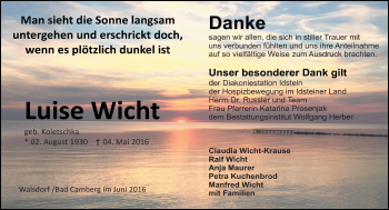 Traueranzeige von Luise Wicht von  Camberger Anzeiger