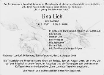 Traueranzeige von Lina Lich von  Gießener Anzeiger