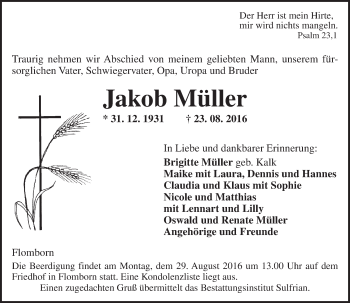 Traueranzeige von Jakob Müller von Trauerportal Rhein Main Presse