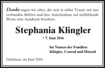 Traueranzeige von Stephania Klingler von  Kreisanzeiger
