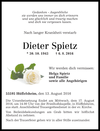 Traueranzeige von Dieter Spietz von Trauerportal Rhein Main Presse