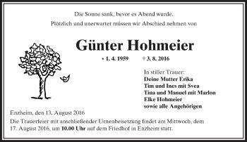 Traueranzeige von Günter Hohmeier von  Kreisanzeiger