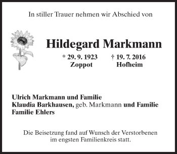 Traueranzeige von Hildegard Markmann von Trauerportal Rhein Main Presse