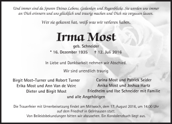 Traueranzeige von Irma Most von  GT Extra