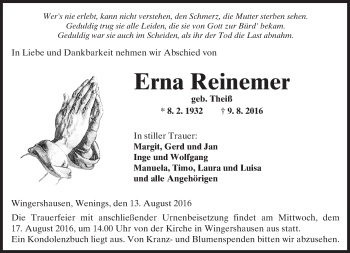 Traueranzeige von Erna Reinemer von  Kreisanzeiger