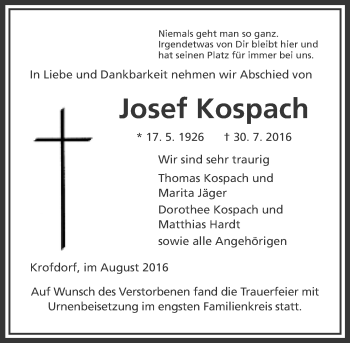 Traueranzeige von Josef Kospach von  Gießener Anzeiger