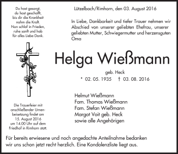 Traueranzeige von Helga Wießmann von Trauerportal Echo Online