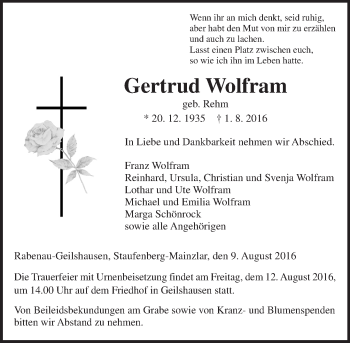 Traueranzeige von Gertrud Wolfram von  Gießener Anzeiger