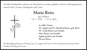 Traueranzeige von Maria Reitz von Trauerportal Echo Online