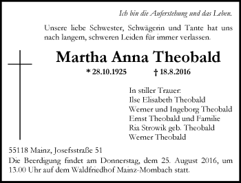 Traueranzeige von Martha Anna Theobald von Trauerportal Rhein Main Presse
