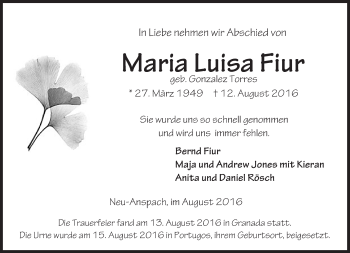 Traueranzeige von Maria Luisa Fiur von  Usinger Anzeiger Traueranzeige von Maria Luisa Fiur von  Usinger Anzeiger
