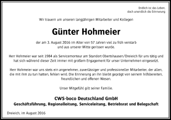 Traueranzeige von Günter Hohmeier von  Kreisanzeiger