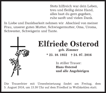 Traueranzeige von Elfriede Osterod von Trauerportal Echo Online