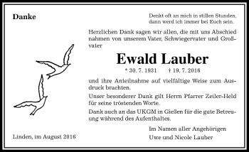 Traueranzeige von Ewald Lauber von  Gießener Anzeiger