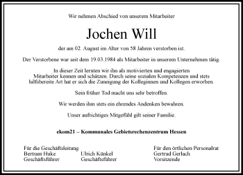 Traueranzeige von Jochen Will von  Gießener Anzeiger