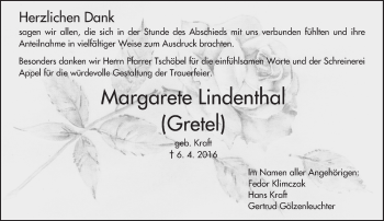 Traueranzeige von Margarete Lindenthal von  Kreisanzeiger