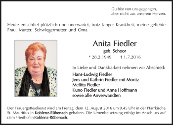 Traueranzeige von Anita Fiedler von  Kreisanzeiger