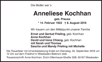 Traueranzeige von Anneliese Kochhan von Trauerportal Rhein Main Presse