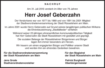 Traueranzeige von Josef Geberzahn von Trauerportal Rhein Main Presse