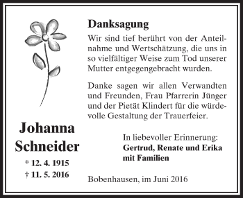 Traueranzeige von Johanna Schneider von  Kreisanzeiger