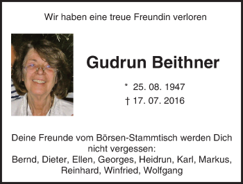 Traueranzeige von Gudrun Beithner von Trauerportal Echo Online