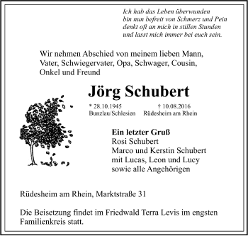 Traueranzeige von Jörg Schubert von Trauerportal Rhein Main Presse