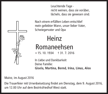 Traueranzeige von Heinz Romaneehsen von Trauerportal Rhein Main Presse