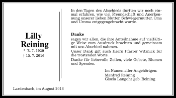 Traueranzeige von Lilly Reining von  Gießener Anzeiger
