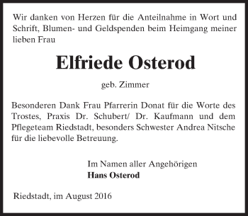 Traueranzeige von Elfriede Osterod von Trauerportal Echo Online