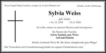 Traueranzeige von Sylvia Weiss von  Kreisanzeiger