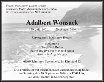 Traueranzeige von Adalbert Wonsack von  Usinger Anzeiger