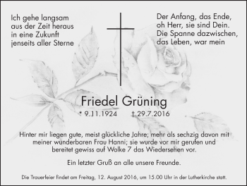 Traueranzeige von Friedel Grüning von Trauerportal Rhein Main Presse