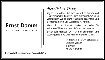 Traueranzeige von Ernst Damm von  Gießener Anzeiger