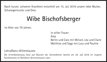 Traueranzeige von Wibe Bischofsberger von VRM Trauer