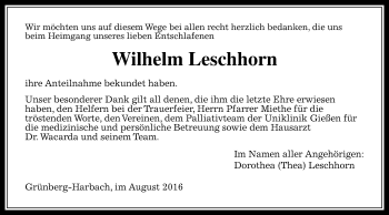 Traueranzeige von Wilhelm Leschhorn von  Gießener Anzeiger