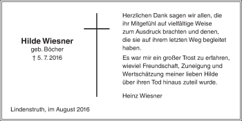 Traueranzeige von Hilde Wiesner von  Gießener Anzeiger